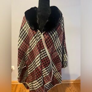 Red Beige Grey and Black Plaid reversible cape with black Faux fur collar